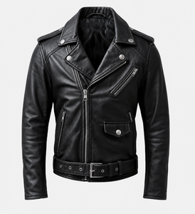 Dumela Men's Black Genuine Leather Streetwear Motorcycle Jacket Slim Fit Stand Collar Zipper Closure Belted Design Plain Dyed - Product Image 1