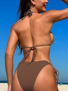 Brown Sexy Bikini Set Custom Lace Up Pearl Decoration Swimwear - Product Image 3
