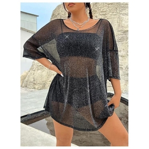 Women's Plus Size Sparkle Mesh Y2K Tee Top Loose Drop Shoulder <b>Party</b> Club Wear T <b>Shirts</b> - Product Image 3