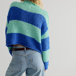 Suéter Casual de Punto Personalizado a Rayas, 100% Acrílico, Tejido a Mano, para Mujer, Otoño, Bloques de Color, Manga Larga, Azul Verde - Product Image 2