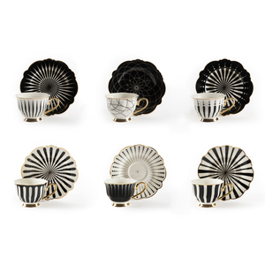 Juego de 6 tazas y platillos de café Excelsa Alice de porcelana, 10 cl, blancos con diseño negro y ribete dorado - Product Image 1