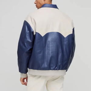 Chaqueta universitaria de cuero puro de primera calidad para hombre, transpirable, con bloques de color, acolchada con algodón grueso. - Product Image 3