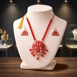 Ensemble collier et boucles d'oreilles en soie Muga rouge d'Assam, fait main, style traditionnel, bijoux de mariage ethniques - Product Image 5