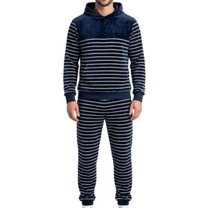 Ensemble de survêtement en velours pour homme, bleu marine et blanc à rayures horizontales, sweat-shirt à capuche en velours, tenue de sport assortie, tenue décontractée - Product Image 1