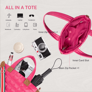 Borsa Tote Trapuntata da Donna con Cerniera, Leggera, a Tracolla, Stile Hobo, Imbottita, Colore Rosa Tinta Unita con Motivo a Righe - Product Image 4