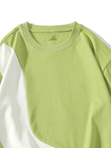 Camiseta Oversize para Hombre con Bloques de Color, Manga Corta, Cuello Redondo, Casual, Tejido Sólido, 100% Algodón, Ribete en Contraste Verde y Blanco - Product Image 5