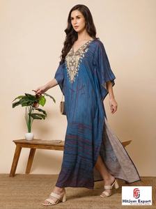 Vestido Largo Kaftan de Rayón Estampado Azul para Mujer, Marca HitJem Export, Corte Holgado, Manga Larga, Elegante, Estilo Línea A, Ropa de Verano - Product Image 3