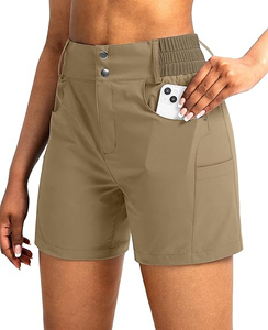 Shorts de sport taille haute pour femmes, couleur unie, séchage rapide, coupe sportive avec poches, tricoté en spandex et polyester - Product Image 4