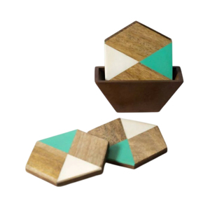 Ensemble de 4 sous-verres géométriques hexagonaux en bois faits à la main avec support, couleur bois de manguier, sous-verres colorés pour la décoration de la maison, en solde - Product Image 1