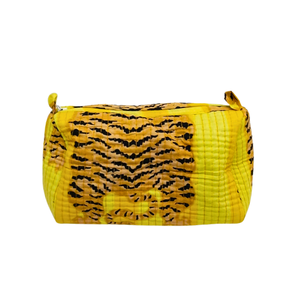 Sac cosmétique durable à rayures de tigre imprimé en blocs-Pochette en coton jaune - Product Image 1