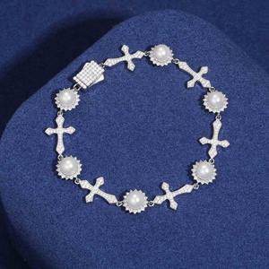 Hip Hop Custom Pearl Flower Cross Link <b>Solid</b> <b>Silver</b> <b>Bracelet</b> Cuban Men <b>Bracelet</b> Full Moissanite Iced Out Diamond <b>Bracelet</b> - Product Image 1