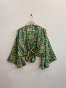 Blusa de seda al por mayor para mujer, top retro de playa con lazo frontal, top cruzado de seda - Product Image 6