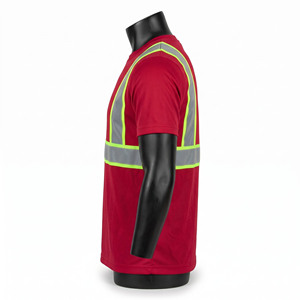 Premium Polyester Knit <b>Red</b> Work T <b>Shirt</b> 180 GSM With Silver Reflective Safety Bands Fluorescent Trim Custom Logo Option Wear Cop - Product Image 3