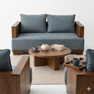Ensemble de canapés en bois de style mid-century modern avec coussins bleus et table basse ronde pour salon - Product Image 3