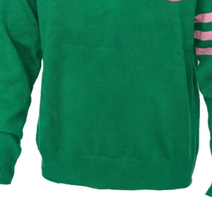 Suéter Verde con Cuello en V y Ribete Rosa y Rayas en las Mangas, Suéter de Punto para Mujer, Manga Larga, Estilo Casual Preppy - Product Image 3