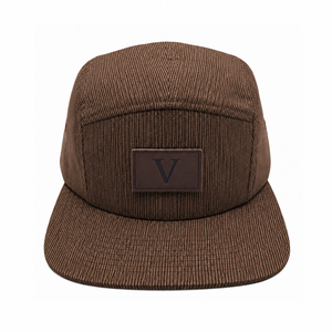 Gorra campera de 5 paneles de pana marrón con parche de cuero, ligera, con rayas, visera plana, ajustable, de algodón, fabricante OEM ODM - Product Image 1