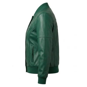 Custom <b>Women</b> Green Real Genuine Sheepskin Leather <b>Bomber</b> <b>Varsity</b> <b>Jacket</b> Full Snap Button Ribbed Cuff OEM Manufacturer Service - Product Image 4