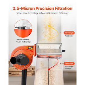 เครื่องดูดฝุ่นแบบกรวยวอร์เท็กซ์ 800 CFM 2.5 ไมครอน 1 แรงม้า ระบบเก็บขี้เลื่อย ความจุขนาดใหญ่ 16 แกลลอน สำหรับเก็บฝุ่น - Product Image 3