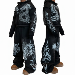 Ensemble de survêtement unisexe à capuche imprimé dragon turquoise, coupe ample avec fermeture éclair intégrale, style streetwear oversize avec poches latérales - Product Image 2