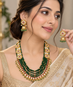 <b>Green</b> Layered <b>Beaded</b> Multi-Strand Statement <b>Necklace</b> for Women Rani Haar Floral Design Zircon Imitation Pearl Silver Wedding - Product Image 6