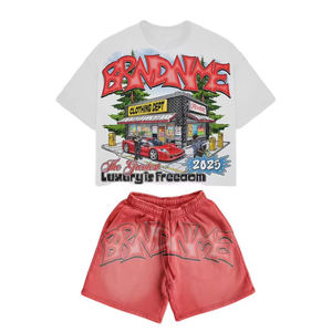 T-shirts et shorts en coton 260 g/m² de style décontracté vintage pour hommes, délavés à l'acide, coupe oversize, col rond avec motif à caractères - Product Image 2