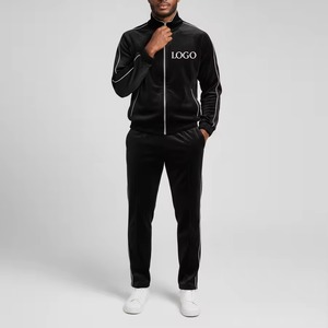 OEM Men's Winter <b>Tracksuit</b> Long Sleeve Zipper <b>Velour</b> Hoodie Jacket Jogger Sweatpants Black Velvet Printed 100% Cotton Custom - Product Image 1