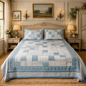 Juego de Sábanas de 3 Piezas, 100% Algodón, Estampado Indio Blanco y Azul, Impresión a Mano, Tamaño King (90x108"), 200 Hilos, Calidad Premium - Product Image 5