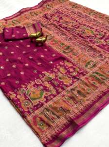 Magnifique sari en coton Mul Mul avec bordure Zari sur toute la surface, pallu au design Kalamkari, magnifique travail Aari et miroirs en feuille d'aluminium. - Product Image 3