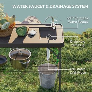 Tavolo Pieghevole Portatile per Pulizia Pesci con Lavello, Rubinetto, Tubo di Scarico, Spruzzatore e Ripiano per Campeggio, Colore Tan - Product Image 3