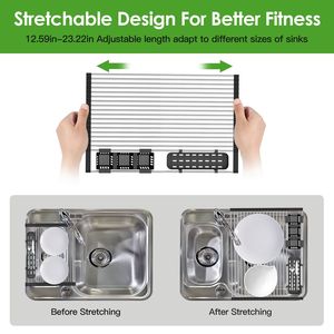 Égouttoir à vaisselle extra large en acier inoxydable, extensible et enroulable, avec 2 paniers à ustensiles amovibles, pliable pour évier - Product Image 3