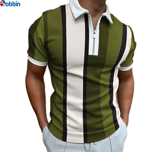 Polo de manga corta a rayas para hombre, de moda, con cremallera, informal, de punto, en bloques de color verde, blanco y negro. - Product Image 1