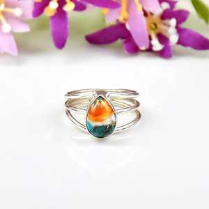Bague triple bande en argent sterling 925, forme goutte d'eau, filigrane, faite à la main, avec cuivre huître et turquoise, bijoux bohèmes raffinés pour femme - Product Image 1