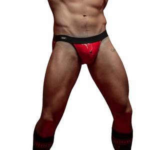 Jockstrap en vinyle épais et écologique avec fermeture à pression, rouge, pour hommes, style fetish, clubwear, brillant, sexy, avec poche. - Product Image 6