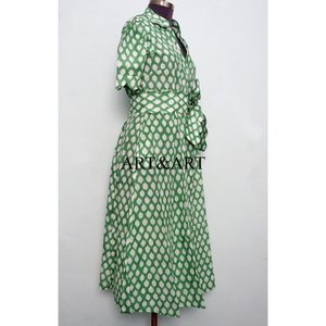 Vestido Midi Estampado a Mano para Boda India, 100% Algodón, Clásico, Casual, Manga Corta, Corte en A, para Verano - Product Image 5