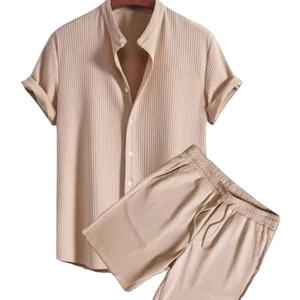 ชุดเสื้อผ้าฝ้ายสำหรับผู้ชายแฟชั่นฤดูร้อนระบายอากาศได้ดี2025เสื้อยืดคอกลมแขนสั้นและกางเกงขาสั้น2ชิ้นเสื้อลำลองทรงหลวม - Product Image 1