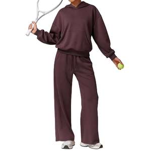 Ensemble de survêtement d'hiver pour femmes grande taille, couleur unie, sweat-shirt 100% coton avec pantalon de jogging deux pièces - Product Image 1