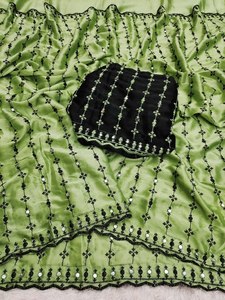 Green Silk Saree With Black Embroidery And Sequins Blouse For Women Traditional Indian Wedding Wear - Product Image 4