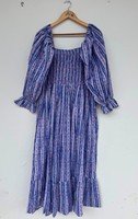 Robe longue en coton smocké à imprimé floral et rayures, manches à volants, col en V, style bohème, tenue d'été pour femme, idéale pour les fêtes en jardin