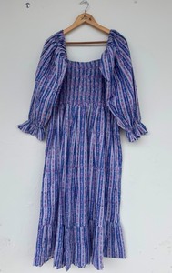 Smocked Cotton Maxi <b>Dress</b> Floral Stripe Print <b>Ruffle</b> Sleeve Long <b>Dress</b> V Neck Boho Summer Wear Ladies Garden Party Outfit - Product Image 5