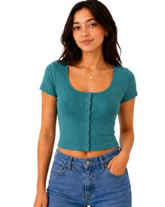 Top Corto de Punto Acanalado Verde Azulado para Mujer, Manga Corta, Cierre de Botones Frontales, Corte Ajustado, Cuello Cuadrado, Blusa Informal de Verano de Algodón - Product Image 1