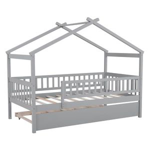 Twin Size Wooden <b>House</b> <b>Bed</b> with Gray Trundle Kids' <b>Bed</b> Set - Product Image 6