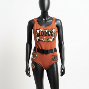 ชุดอาบน้ำผ้าโพลีเอสเตอร์ผสมสแปนเด็กซ์เนื้อนุ่มยืดหยุ่น 220 GSM สีส้มสนิม พร้อมแผ่นผ้าคาดเอว  รับสกรีนโลโก้สำหรับชุดว่ายน้ำผู้หญิง - Product Image 4