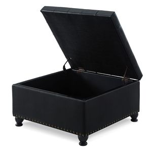 Grande Pouf Contenitore Quadrato Nero con Gambe in Legno, Tavolino da Caffè Imbottito con Bottoni e Finiture a Chiodo per Soggiorno - Product Image 5