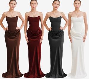 Vestido de Noche de Satén sin Tirantes, Estilo Bodycon, Maxi, con Cintura Natural, Drapeado, para Fiesta Formal, Baile de Graduación, Boda, con Cola Larga - Product Image 1