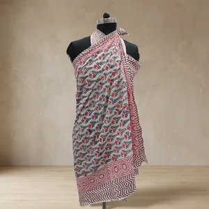 Hand Block Printed Cotton Fabric with <b>Red</b> Blue Leaf Motifs and Decorative Border for <b>Saree</b> Kurti Dressmaking Crafts - Product Image 5