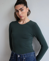 Bodysuit Wanita Gaya Vintage Warna Hijau Tua Lengan Panjang Kerah Bulat Warna Solid Rajutan Elastis Pakaian Aktif Bodycon Cocok untuk Semua Musim
