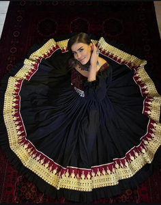 Traditional Afghan <b>White</b> Chiffon Kuchi Dress Featuring Black Velvet Bodice Intricate Gold Zari Hand Embroidery Full Floor Length - Product Image 6