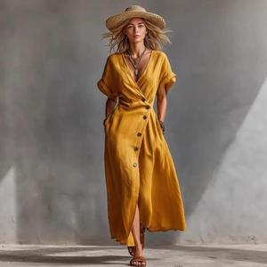 Premium <b>Yellow</b> <b>Linen</b> 100% Cotton Eco-Friendly Maxi <b>Dress</b> V-neck Cap Sleeve Wrap Style Breathable A-Line Silhouette Natural Waist - Product Image 1