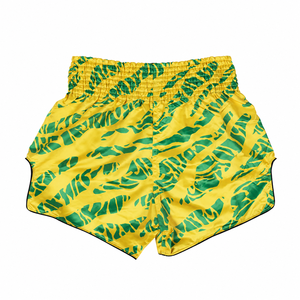 Shorts de Muay Thai SHH jaune et vert à rayures tigrées en satin, unisexe, pour adultes, vêtements de combat - Product Image 2