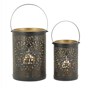<b>Set</b> of 2 black metal <b>lanterns</b> with hearts design Golden finish inside Large Metal Handle Votive Holders - Product Image 1